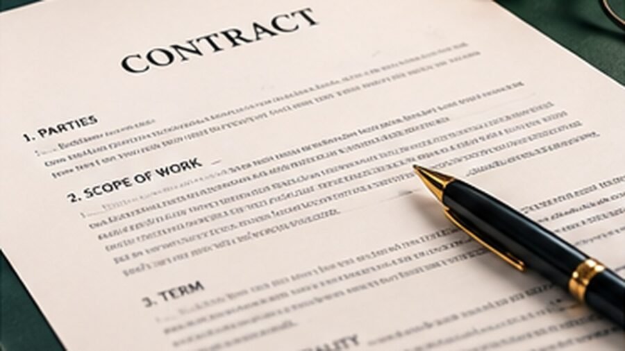 A printed contract headed Parties, Scope of Work and Term with a pen resting on it