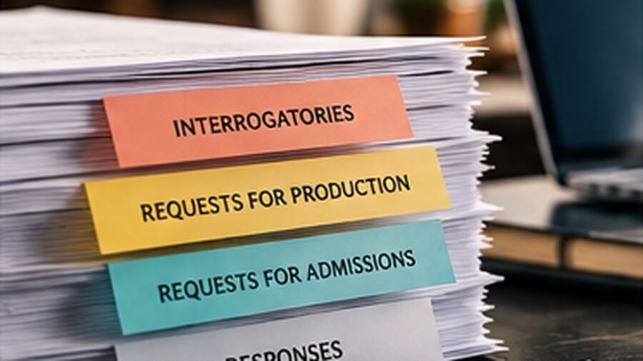 A stack of discovery documents with tabs reading interrogatories, requests for production, requests for admissions and responses, beside a laptop
