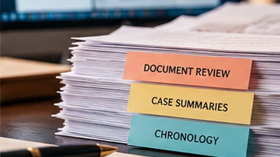 A stack of case documents with tabs reading document review, case summaries and chronology, beside a pen