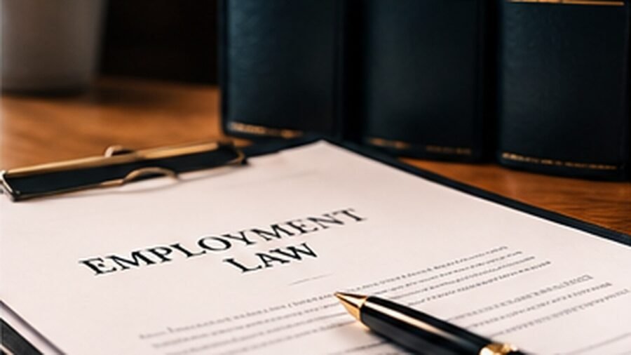 A clipboard document headed Employment Law with a pen, in front of binders