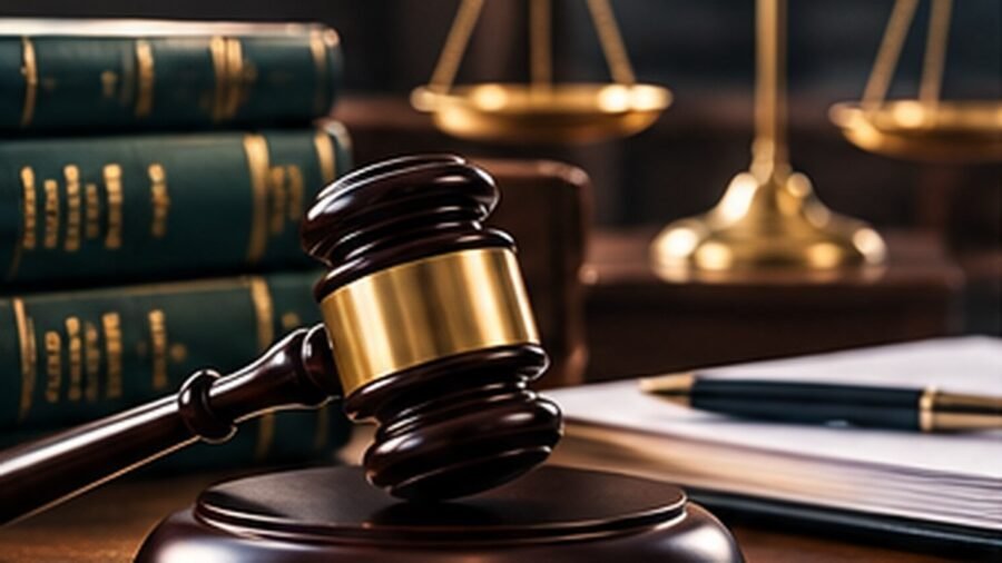 A wooden gavel in front of law books and brass scales of justice