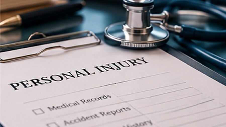 A personal injury intake checklist on a clipboard beside a stethoscope and a pen