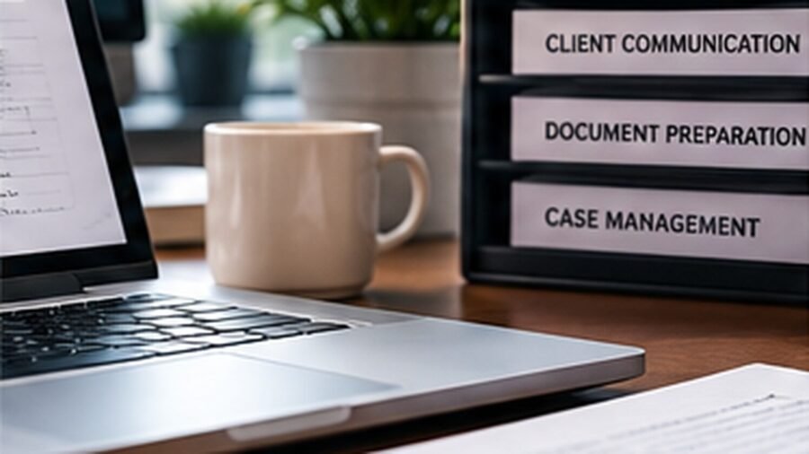 A laptop and a mug beside a file tray labeled client communication, document preparation and case management